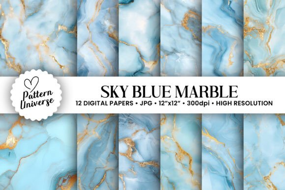 Download Sky Blue Gold Marble Digital Papers - Sky blue Collection