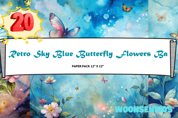 Download 20 Retro Sky Blue Butterfly Flowers Background Watercolor Png Kdp Digital Paper - Sky blue Collection